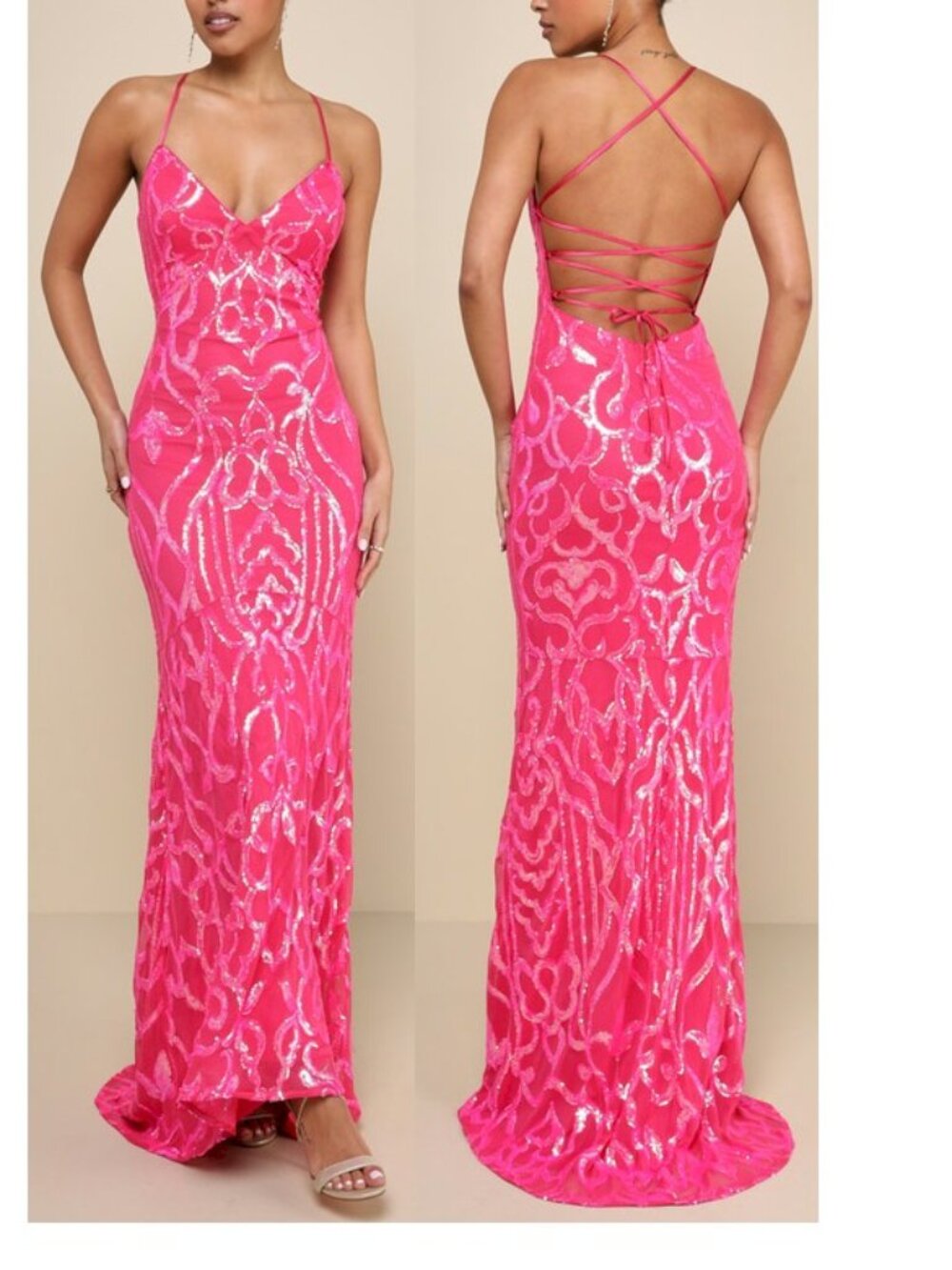 Lulus Perfect Enchantment Hot Pink Sequin Lace-Up Mermaid Maxi Dress Medium New